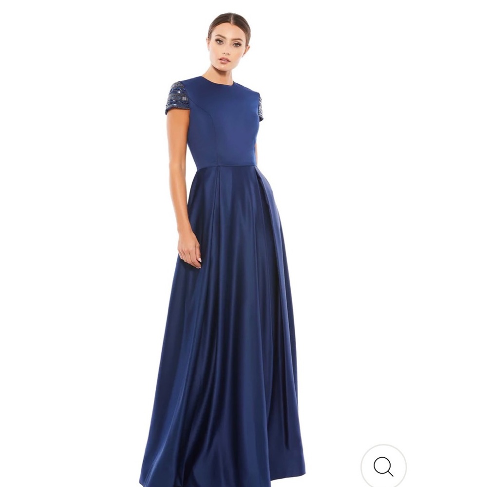 MacDuggal Hand-Beaded Cap-Sleeve Navy A-Line gown